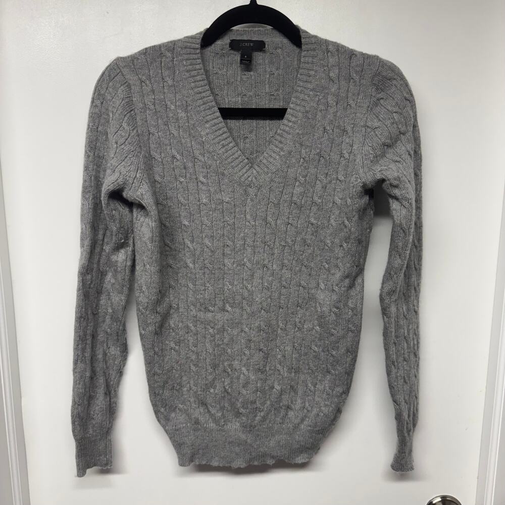 J.Crew Womens Gray Cable Knit V Neck Pullover Sweater Size Small Wool Blend